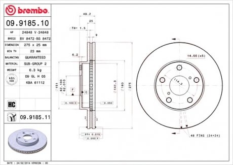 Тормозной диск вентилируемый BREMBO 09.9185.10