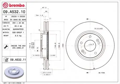 Тормозной диск вентилируемый BREMBO 09.A532.10