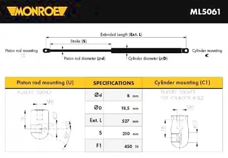 Пружина газова кришки багажника MONROE ML5061