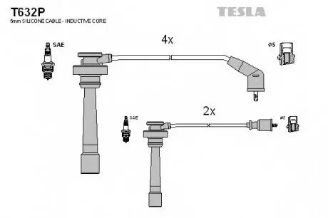 Кабель зажигания, к-кт MMC 06.97-04.00 3.5 6G74 DOHC; Pajero 94-,Pagero Sport 98-3.0 6G72; TESLA T632P