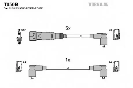 Кабель зажигания, к-кт Audi 80,100,200 83-94, VW Passat 2,0;2,2;2,3 83-88 TESLA T050B