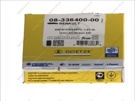 Кольца поршневые RENAULT 75.8 (1.5/1.75/3) 1.2I/1.4 E2F/E5F/E6J/E7F/E7J GOETZE 08-336400-00