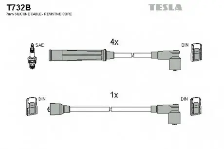 Кабель зажигания, к-кт Seat,VW 77-93 0,9;1,1;1,3;1,7 TESLA T732B