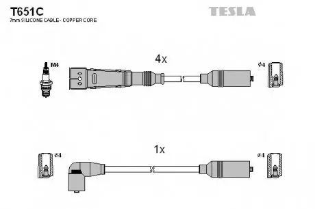 Кабель зажигания, к-кт Seat,VW 88-02 1,8;2,0 TESLA T651C