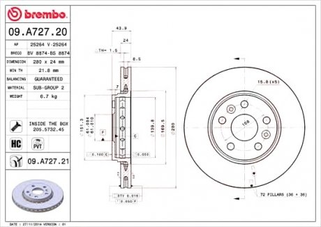 Тормозной диск BREMBO 09.A727.21