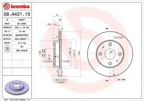Тормозной диск BREMBO 09.A421.10 (фото 1)