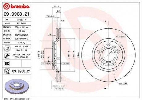 Тормозной диск BREMBO 09.9908.21 (фото 1)