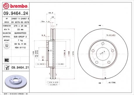 Тормозной диск BREMBO 09.9464.21 (фото 1)