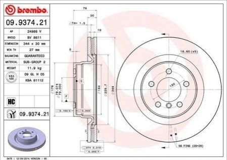 Тормозной диск BREMBO 09.9374.21 (фото 1)