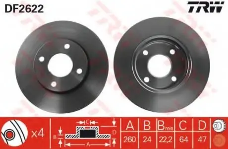 Диск гальмівний (1 шт.).) FORD (Europe) Cougar/Mondeo/Mondeo Estate/Wagon/Scorpio TRW DF2622