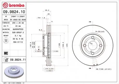 Тормозной диск вентилируемый BREMBO 09.9824.10