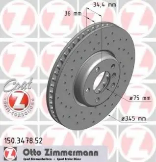 Диск тормозной перед. левый BMW 5 (F07, F10, F11, F18), 6 (F12, F13, F06), 7 (F01, F02, F03, F04) 3.0/3.5/4.0D 09- ZIMMERMANN 150.3478.52
