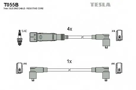 Кабель зажигания, к-кт Ibiza, Cordoba 1,6 99-02, Caddy, Polo,Polo Classic,Lupo 1,0;1,4 95-04 TESLA T055B