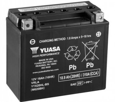МОТО 12V 18,9Ah High Performance MF VRLA Battery AGM (співзаряджень)) YUASA YTX20HL-BS (фото 1)