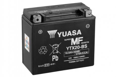 МОТО 12V 18,9Ah MF VRLA Battery (сухозаряжений) YUASA YTX20-BS (фото 1)