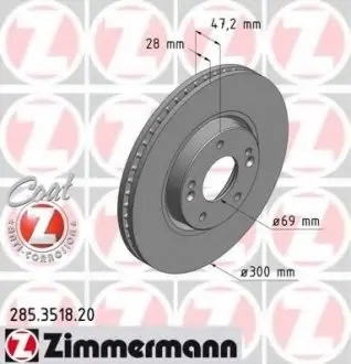 Тормозной диск перед вент Hyundai Sonata NF/Tucso ZIMMERMANN 285351820