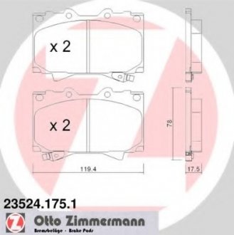 Комплект гальмівних колодок, дискове гальмо ZIMMERMANN 235241751 (фото 1)