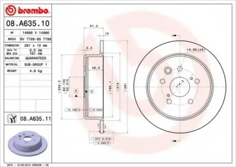Тормозной диск 08.A635.11 BREMBO 08A63511