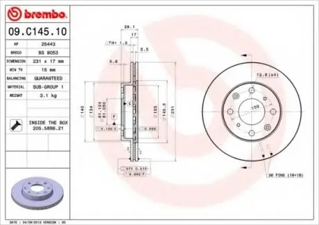 Тормозной диск 09.C145.10 BREMBO 09C14510