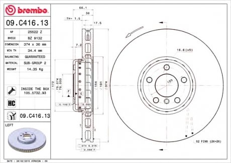 Тормозной диск BREMBO 09C41613 (фото 1)