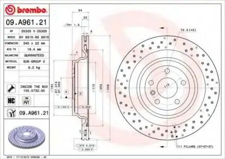 Гальмівний диск 09.A961.21 BREMBO 09A96121