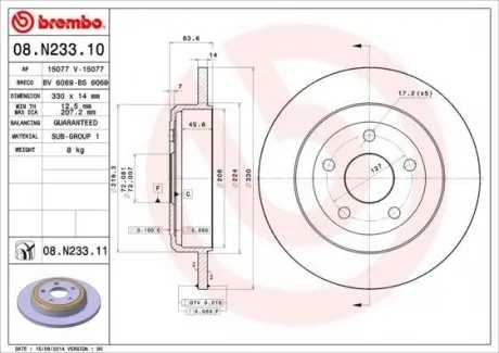 Тормозной диск задний JEEP GRAND CHEROKE 08.N233.11 BREMBO 08N23311