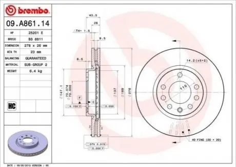Тормозной диск 09.A861.14 BREMBO 09A86114