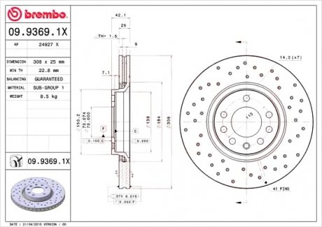 Тормозной диск BREMBO 0993691X (фото 1)