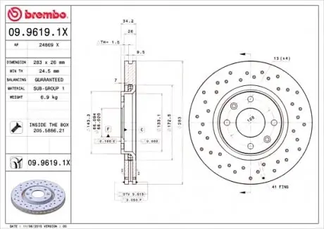 Гальмівний диск 09.9619.1X BREMBO 0996191X