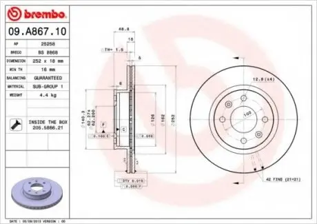 Тормозной диск 09.A867.10 BREMBO 09A86710