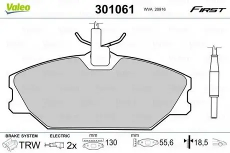 Комплект гальмівних колодок, дискове гальмо Valeo 301061
