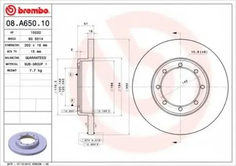 Тормозной диск 08.A650.10 BREMBO 08A65010