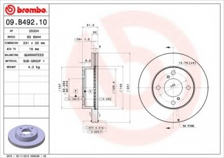 Тормозной диск BREMBO 09B49210 (фото 1)