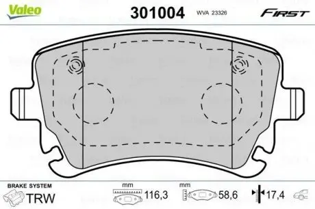 Комплект гальмівних колодок, дискове гальмо Valeo 301004