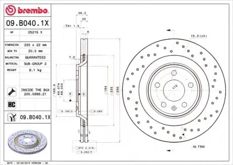 Тормозной диск 09.B040.1X BREMBO 09B0401X