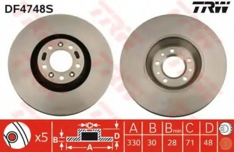 Диск тормозной PEUGEOT 407/607 "F D=330mm "04-10 TRW DF4748S
