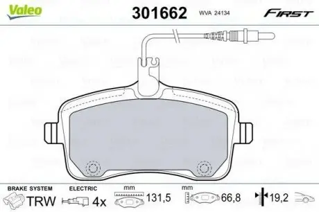 Комплект гальмівних колодок, дискове гальмо Valeo 301662