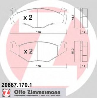 Комплект тормозных колодок, дисковый тормоз ZIMMERMANN 208871701 (фото 1)