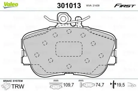 Комплект гальмівних колодок, дискове гальмо Valeo 301013