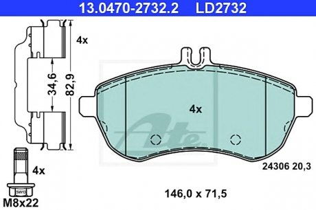Комплект тормозных колодок, дисковый тормоз ATE 13047027322 (фото 1)