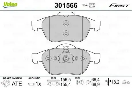 Комплект гальмівних колодок, дискове гальмо Valeo 301566