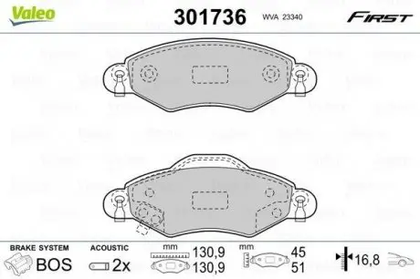 Комплект гальмівних колодок, дискове гальмо Valeo 301736 (фото 1)