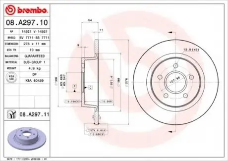 Тормозной диск 08.A297.11 BREMBO 08A29711