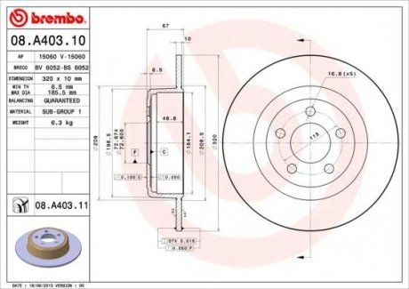 Тормозной диск 08.A403.11 BREMBO 08A40311 (фото 1)