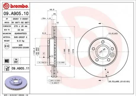 Гальмівний диск 09.A905.11 BREMBO 09A90511 (фото 1)