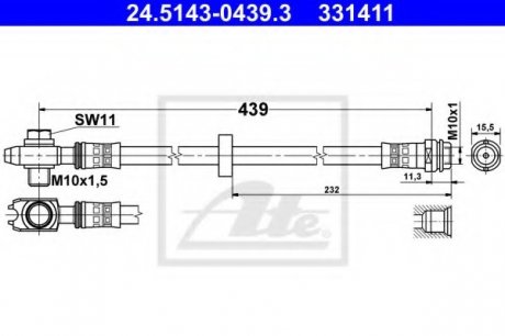 Шланг гальмівний AUDI A3 01- /L+P/ ATE 24514304393 (фото 1)