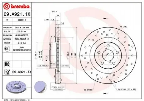 Тормозные диски 09.A921.1X BREMBO 09A9211X
