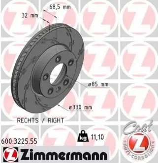 Передний вент. Правый VW Touareg, Porsche Cayenne 17 (330x32) BLACK Z прорези ZIMMERMANN 600322555