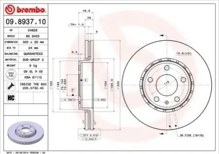 Тормозной диск 09.8937.11 BREMBO 09893711