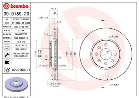 Тормозной диск 09.9159.21 BREMBO 09915921